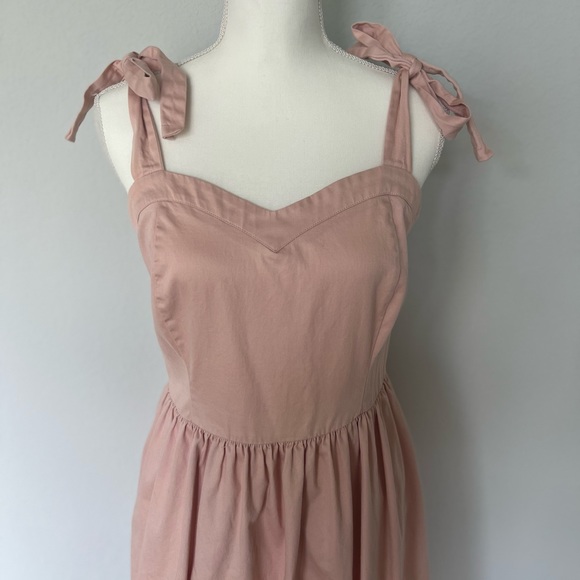 Cotton Dusty Powder Pastel Pink Ruffle Bow Tie Strap Summer Ballerina Midi Dress - Picture 2 of 10